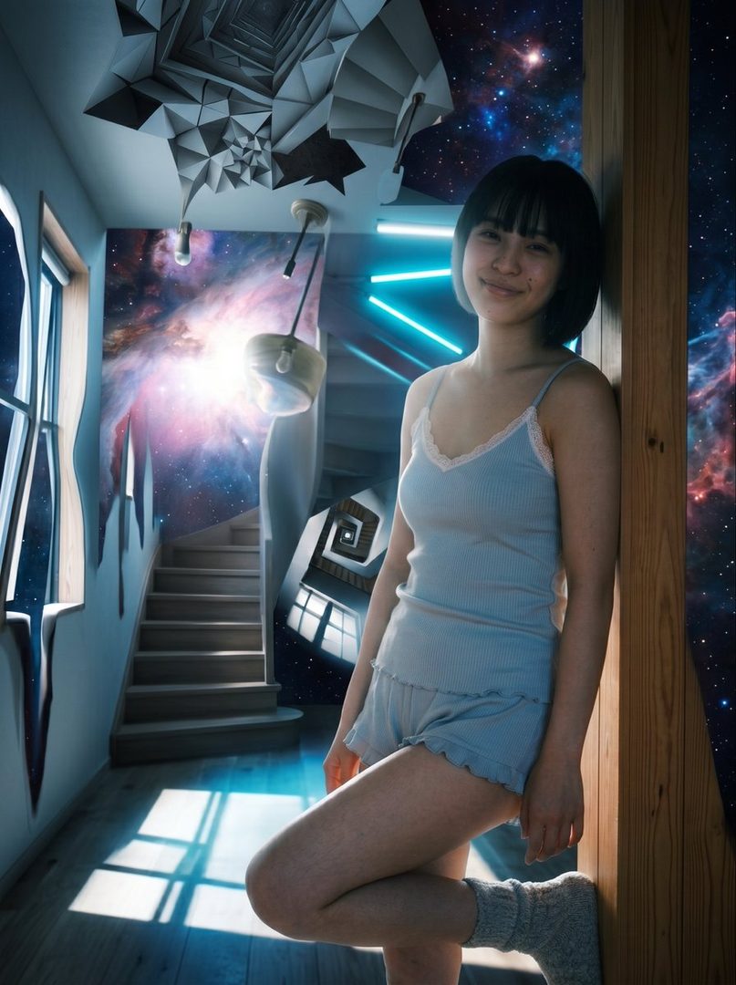 A young woman with short black hair and bangs smiles while leaning against a wooden pillar in a surreal room with a cosmic background and distorted architecture.