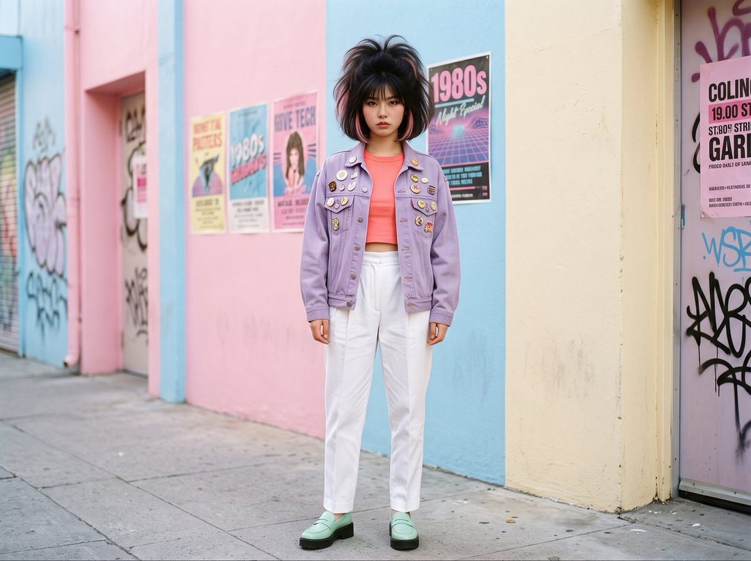 A young woman with black and pink hair stands on a street in front of a colorful building with posters, wearing a purple denim jacket, white pants, and mint green shoes.