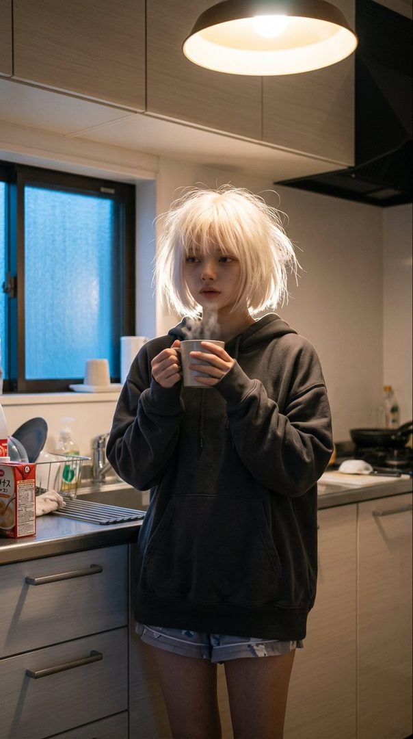 A young woman with messy blonde hair and a dark hoodie stands in a kitchen, holding a steaming mug.