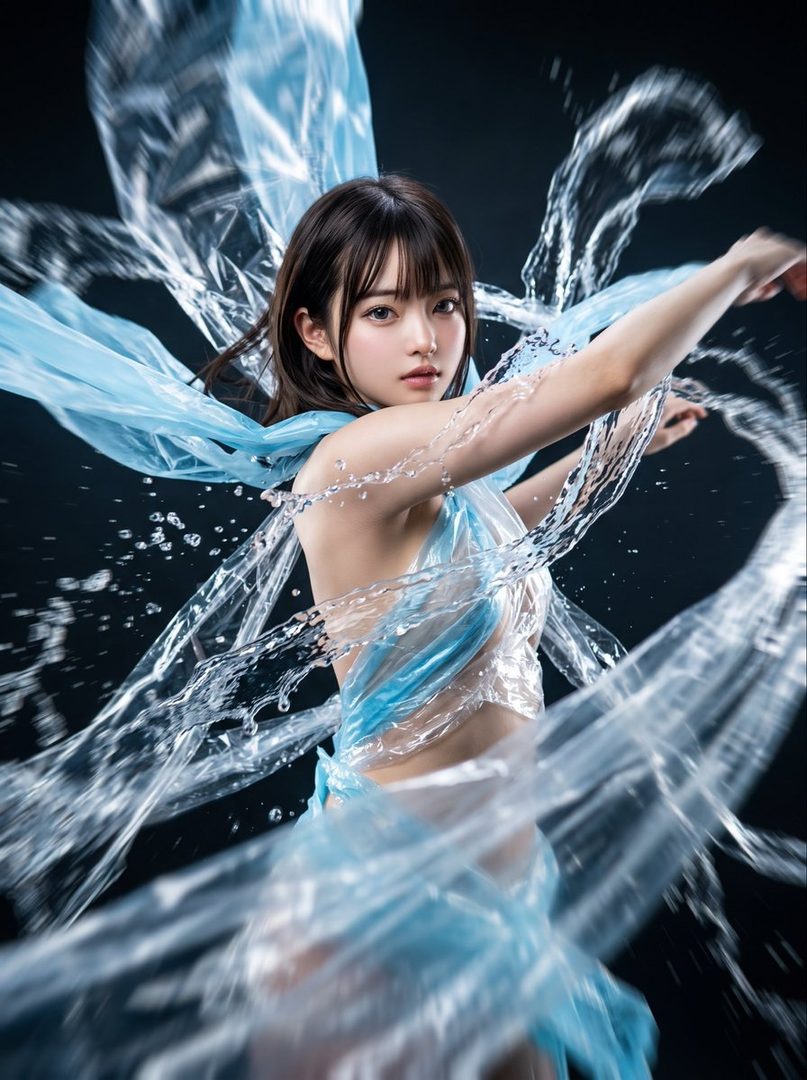 A photorealistic portrait of a young woman with black hair and bangs, surrounded by flowing blue and clear plastic sheets and splashing water, against a dark background.