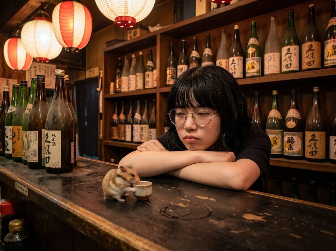 A young woman with short black hair and glasses rests her head on a bar counter, looking at a hamster drinking from a tiny cup.