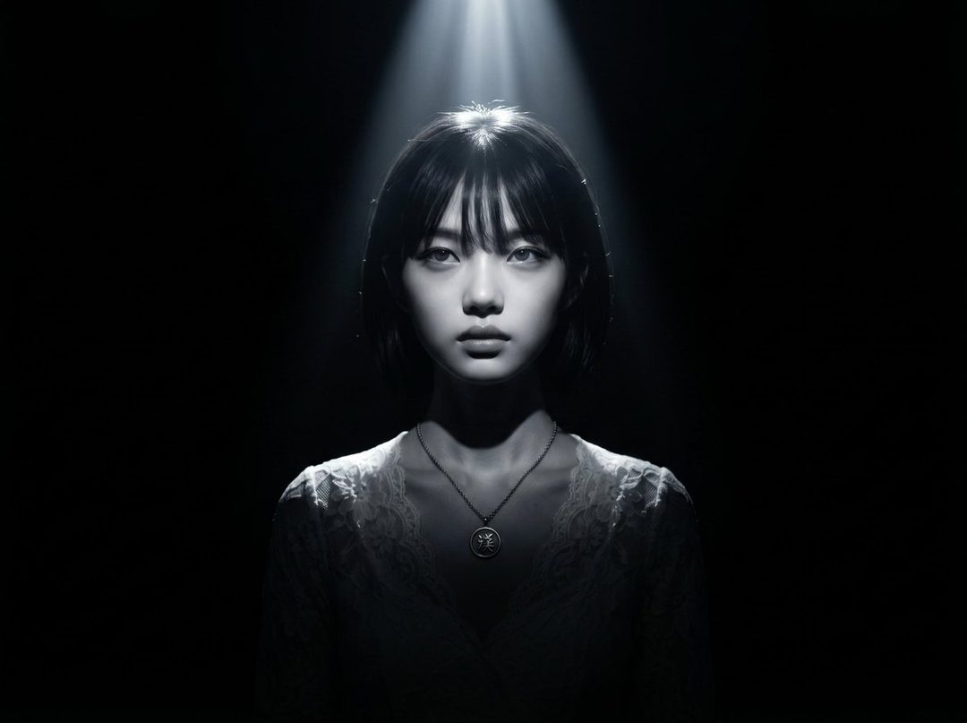 A photorealistic portrait of a young woman with short black hair and bangs, wearing a white lace top and a pendant, illuminated by a single spotlight from above against a dark background.