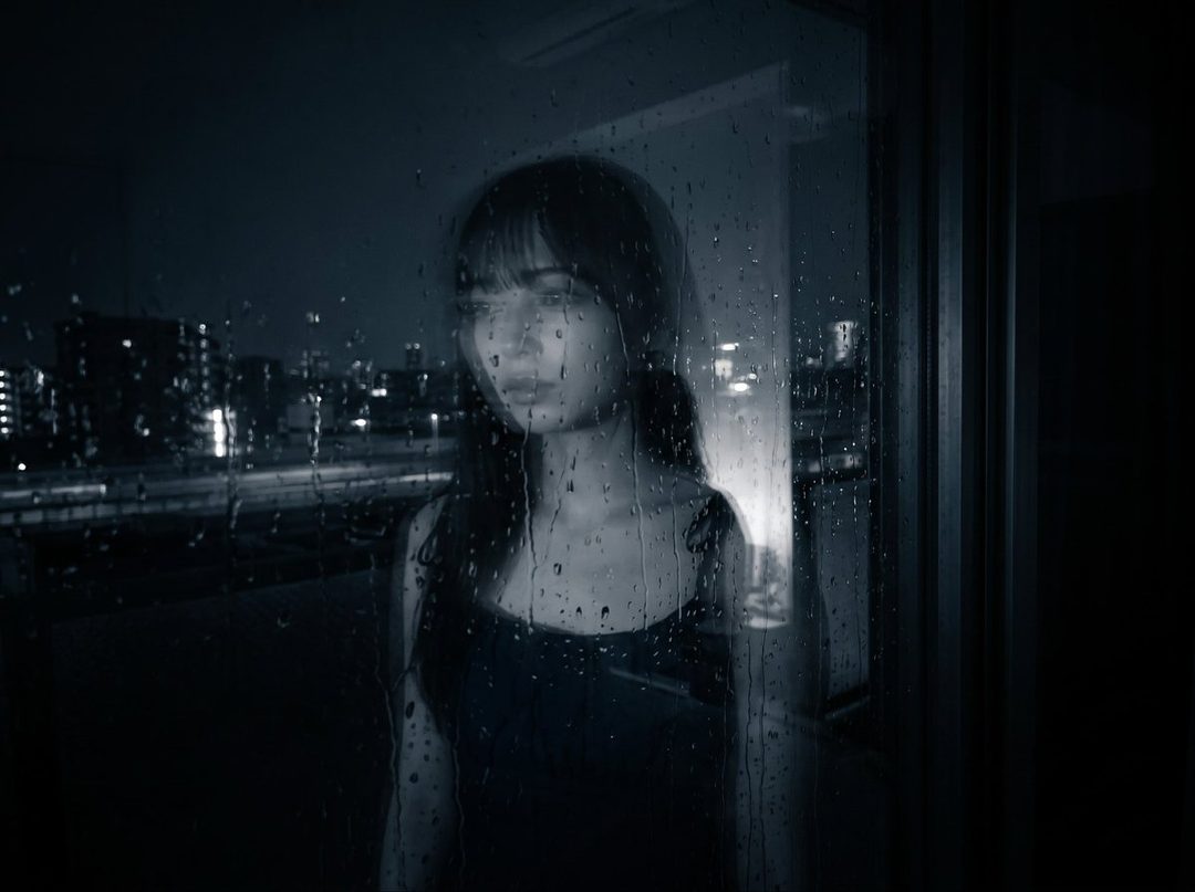 A woman with long black hair and bangs looks out a rain-streaked window at a city nightscape.