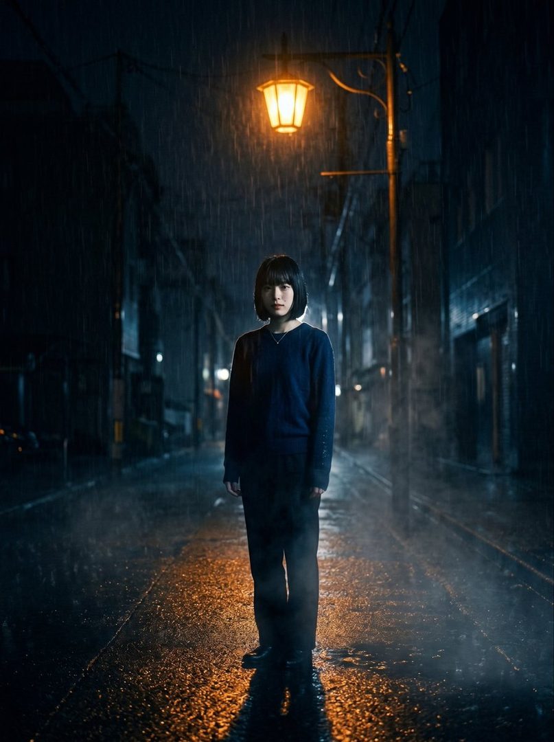 A young woman with short black hair stands on a wet street at night under a streetlamp, looking directly at the viewer.