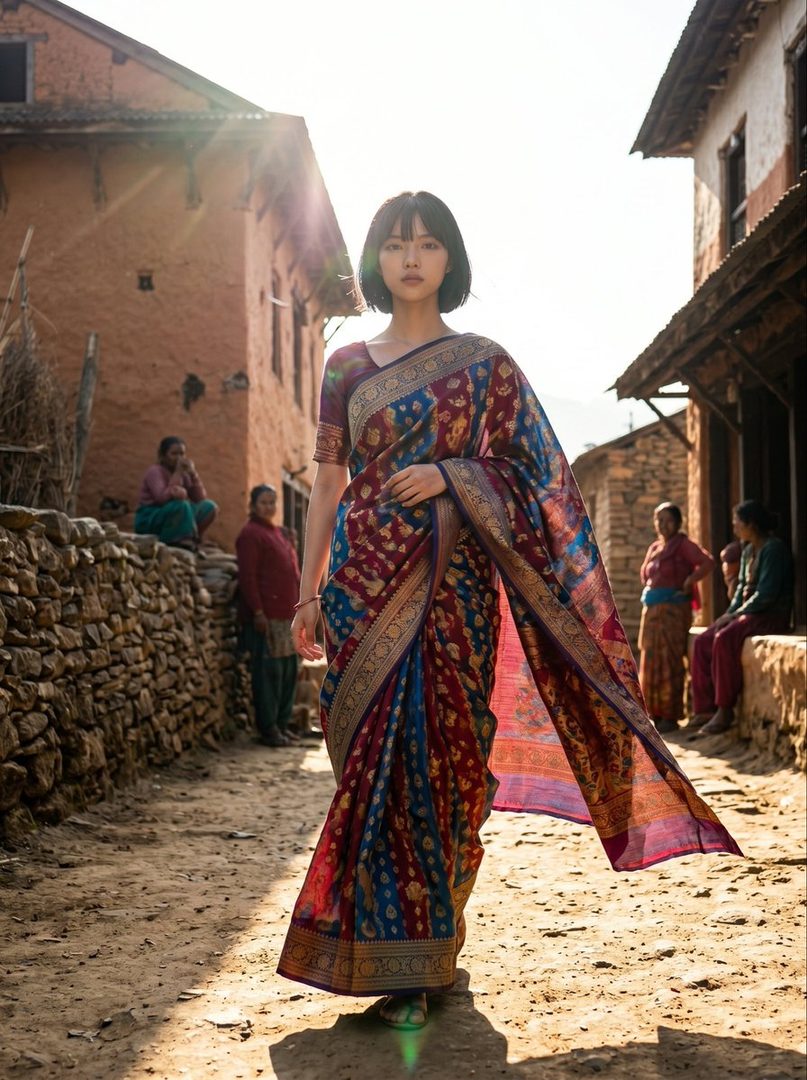 A young woman with short black hair and bangs, wearing a colorful sari, stands on a dirt street in a village with traditional buildings.