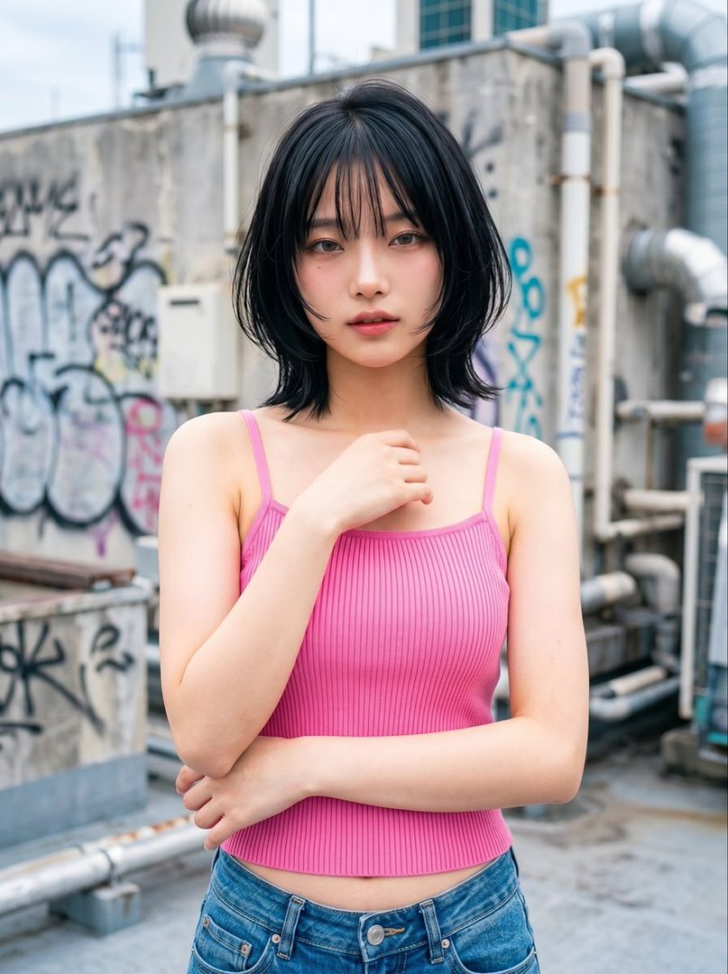 A young woman with short black hair and bangs wears a pink camisole and jeans, posing on a graffiti-covered rooftop.