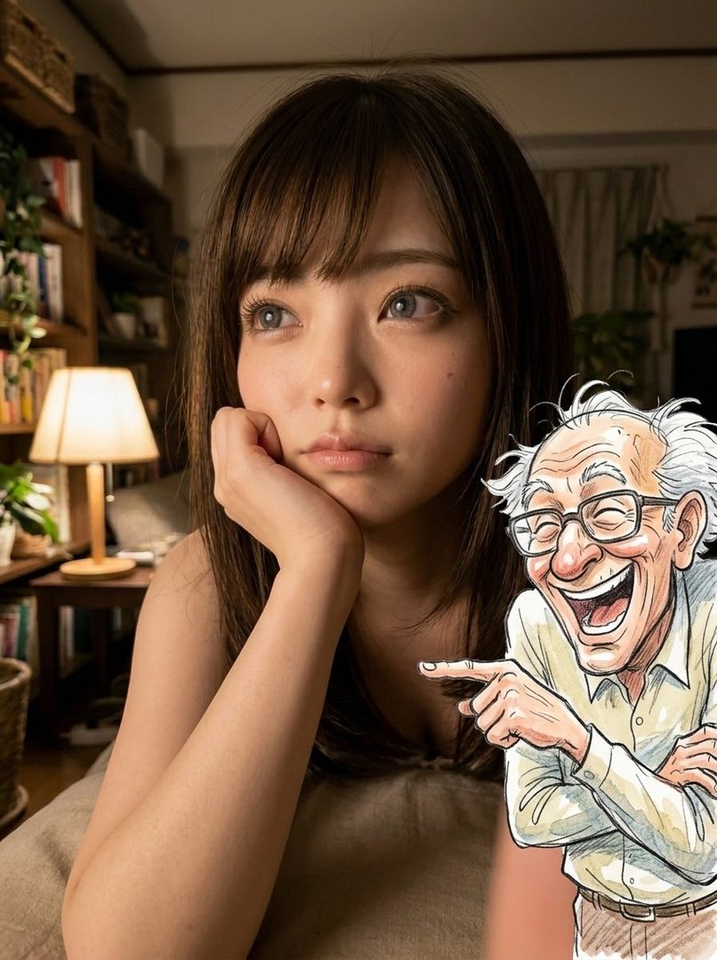 A photorealistic portrait of a young woman with brown hair and bangs, looking thoughtfully to the side in a dimly lit indoor setting, with a cartoon old man pointing and laughing next to her.