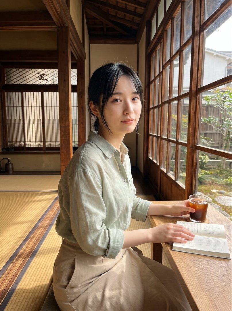 A young woman with black hair and bangs sits indoors by a large window, holding a glass of iced coffee and reading a book.