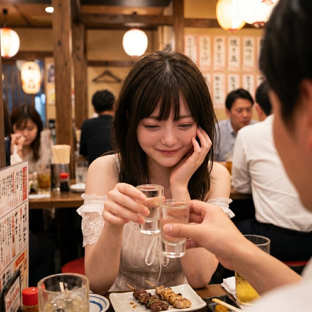 A young woman with long brown hair and bangs, wearing a white top, clinks small glasses with someone across the table in a Japanese izakaya.