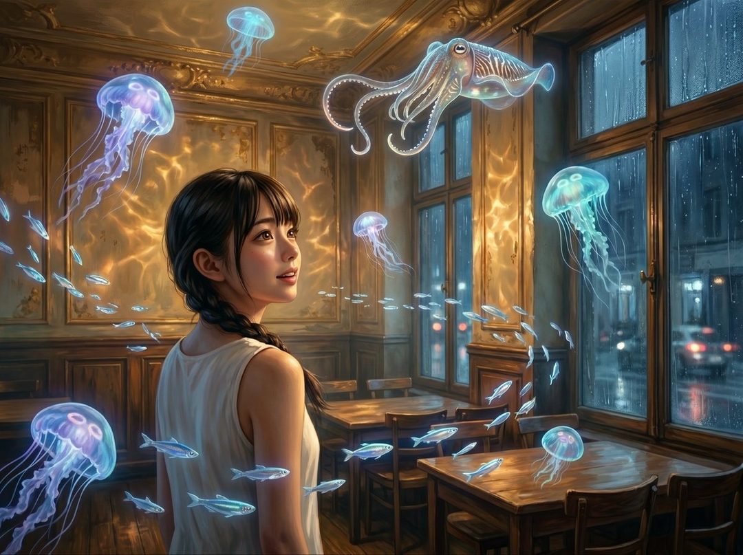 A young woman with black hair in a braid looks up in a cafe filled with glowing jellyfish and fish, with a rainy city street visible outside the window.