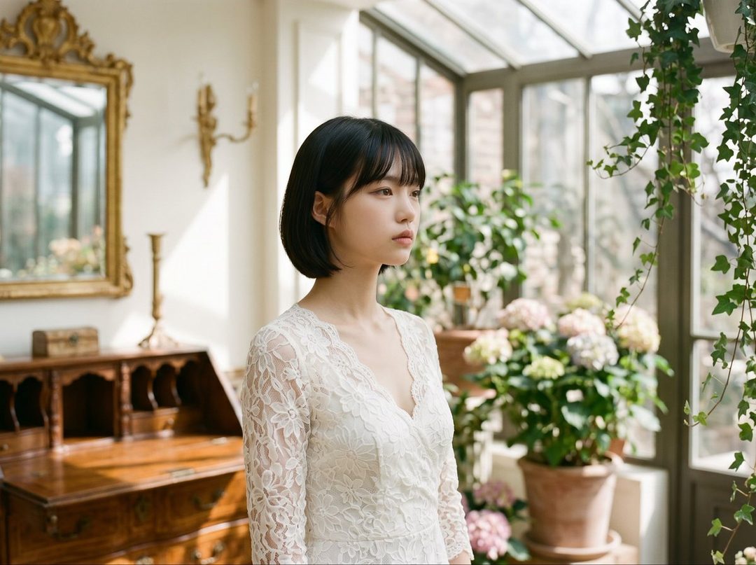 A young woman with short black hair and bangs wears a white lace dress, looking thoughtfully to the side in a sunlit indoor garden room.