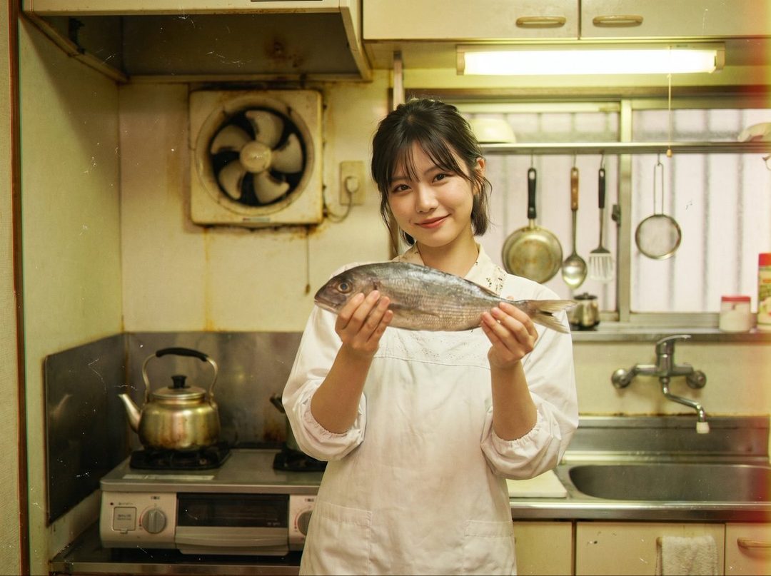 A young woman in a white apron holds a fish in a rustic kitchen, smiling at the camera.