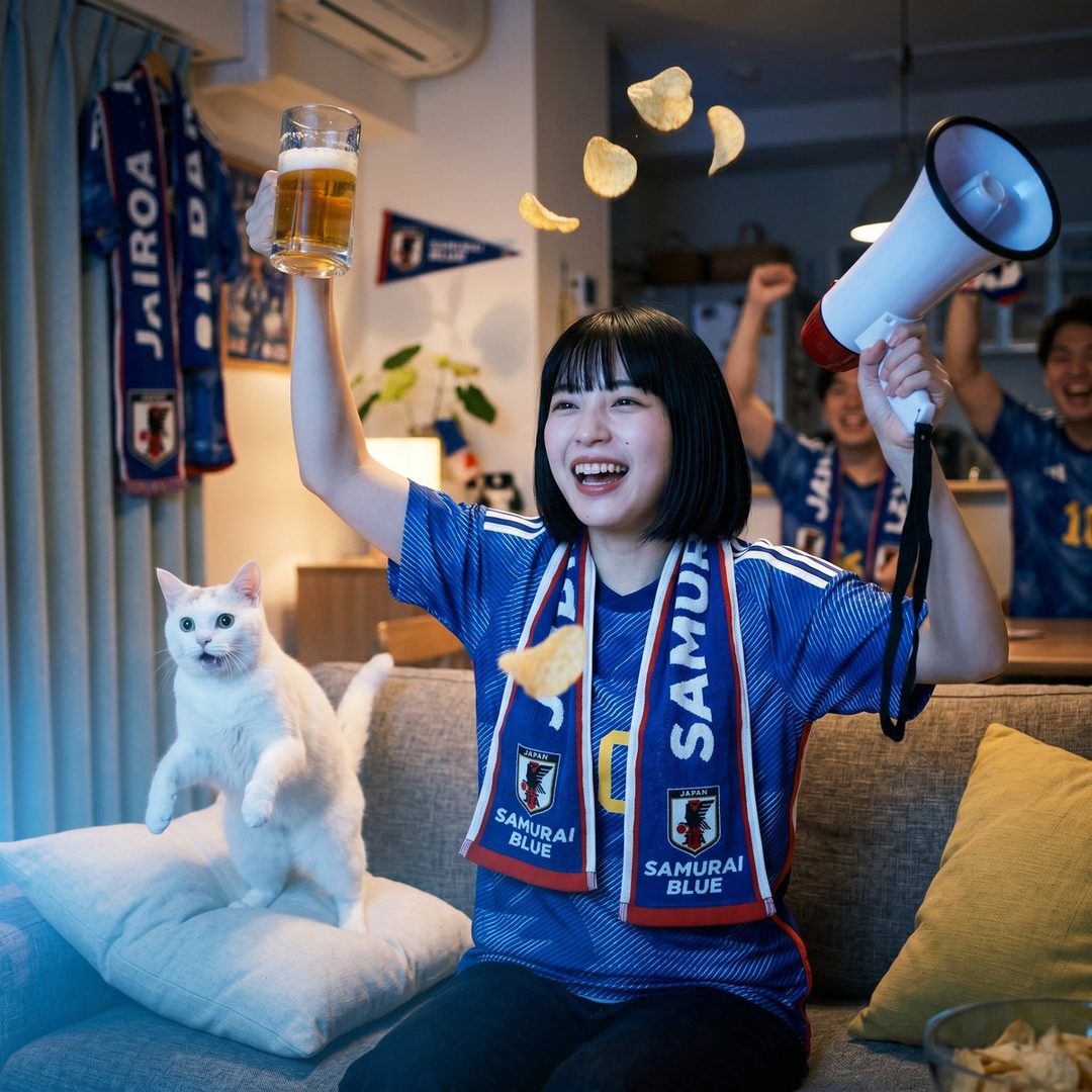 A young woman in a blue Japan soccer jersey cheers excitedly with a beer and megaphone, surrounded by friends and a cat, with potato chips flying in the air.