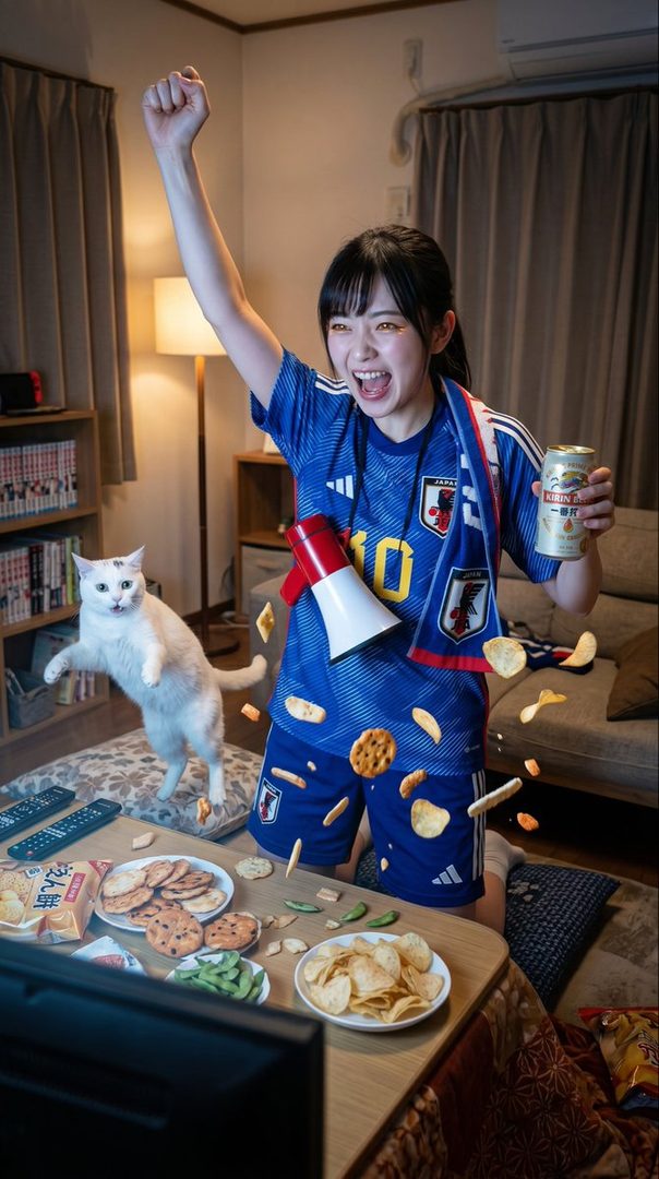 A young woman in a blue soccer jersey cheers excitedly while watching a game indoors, with snacks and a cat around her.