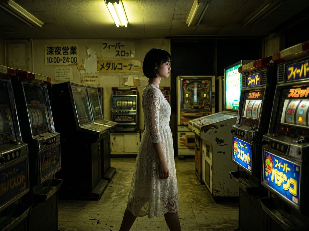A young woman with short black hair, wearing a white lace dress, stands in an old, dimly lit arcade with slot machines.