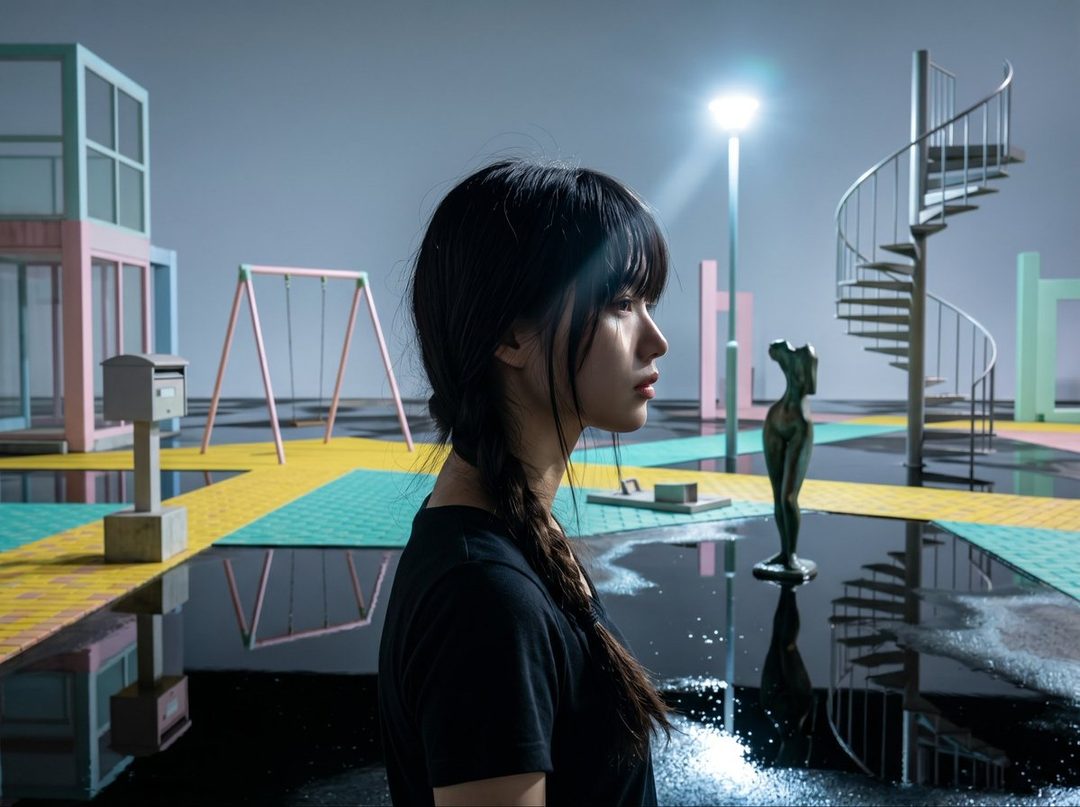 A photorealistic portrait of a young woman with black hair in a braid, looking to the side in a surreal, colorful outdoor setting with puddles.