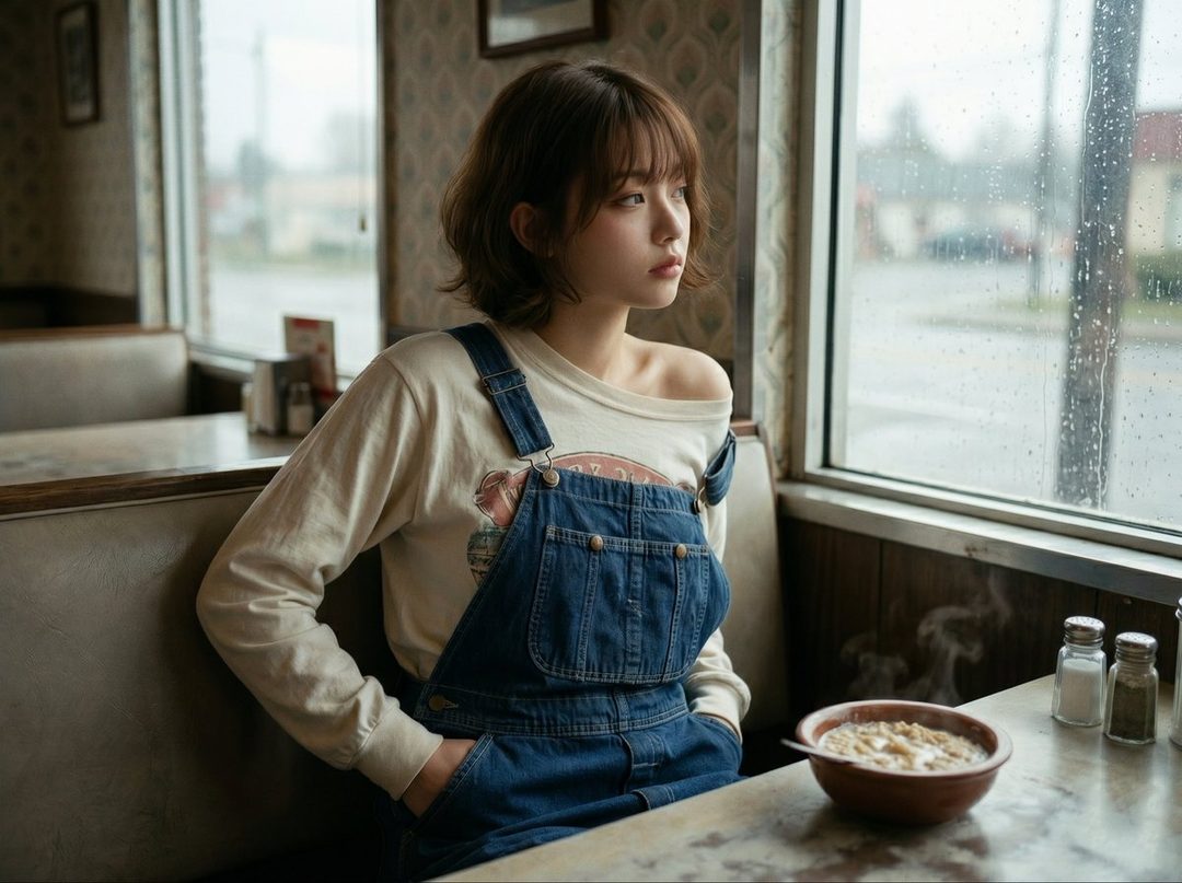 A young woman with short brown hair and bangs, wearing denim overalls and an off-the-shoulder top, sits in a diner booth looking out a rainy window.