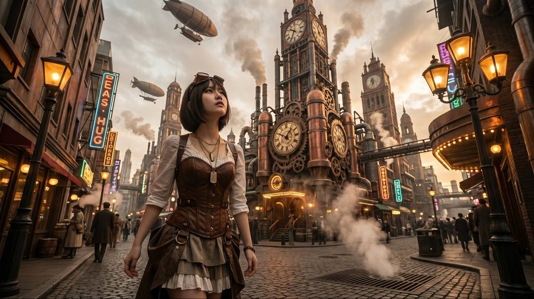 A young woman in steampunk attire stands on a cobblestone street, looking up at a large clock tower in a city with airships in the sky.
