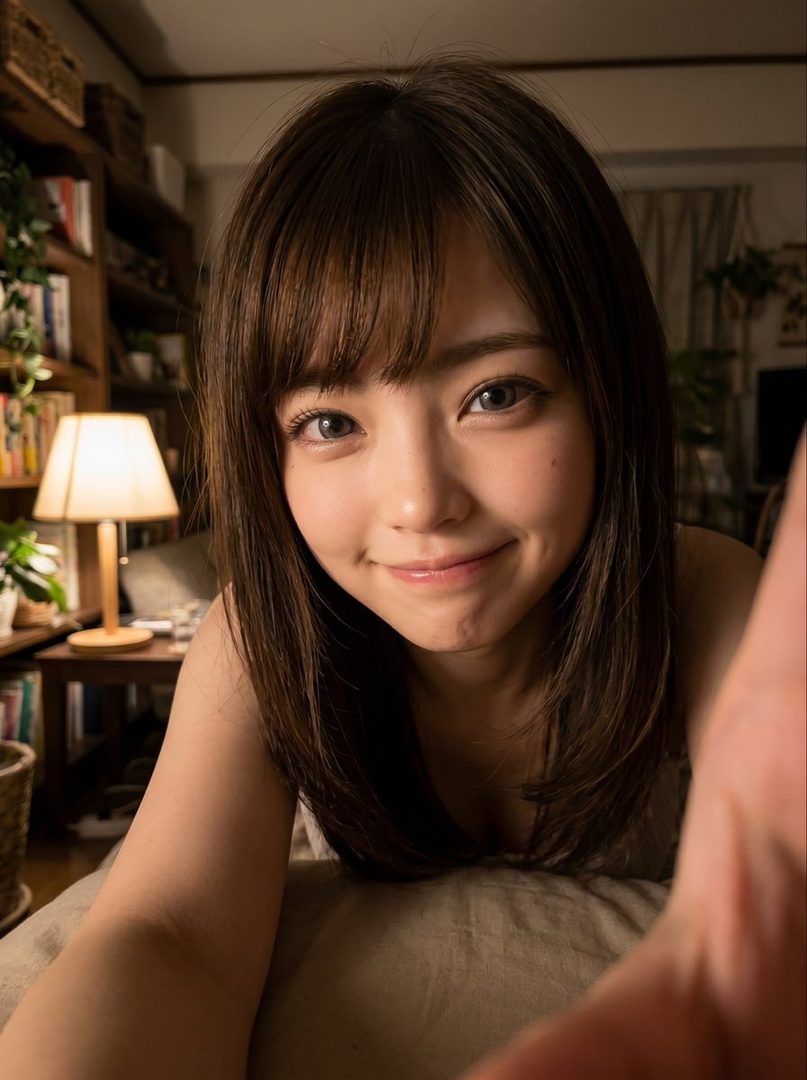 A cute Japanese woman with long brown hair and bangs smiles at the camera in a cozy indoor setting.