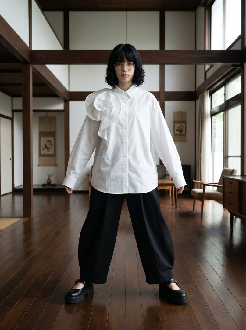 A young woman with short black hair and glasses stands in a traditional Japanese-style room, wearing a white shirt with a ruffled detail and black wide-leg pants.