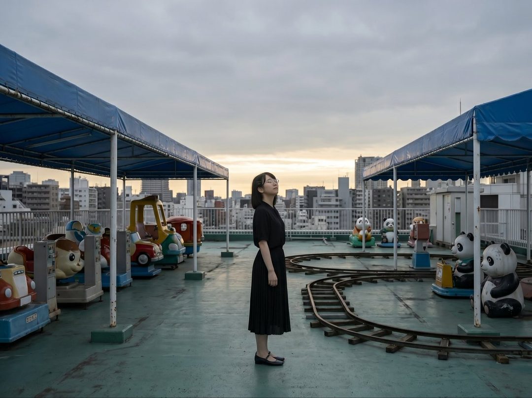 A young woman in a black dress stands on a rooftop with children's rides, looking up at the sky with a city skyline in the background.