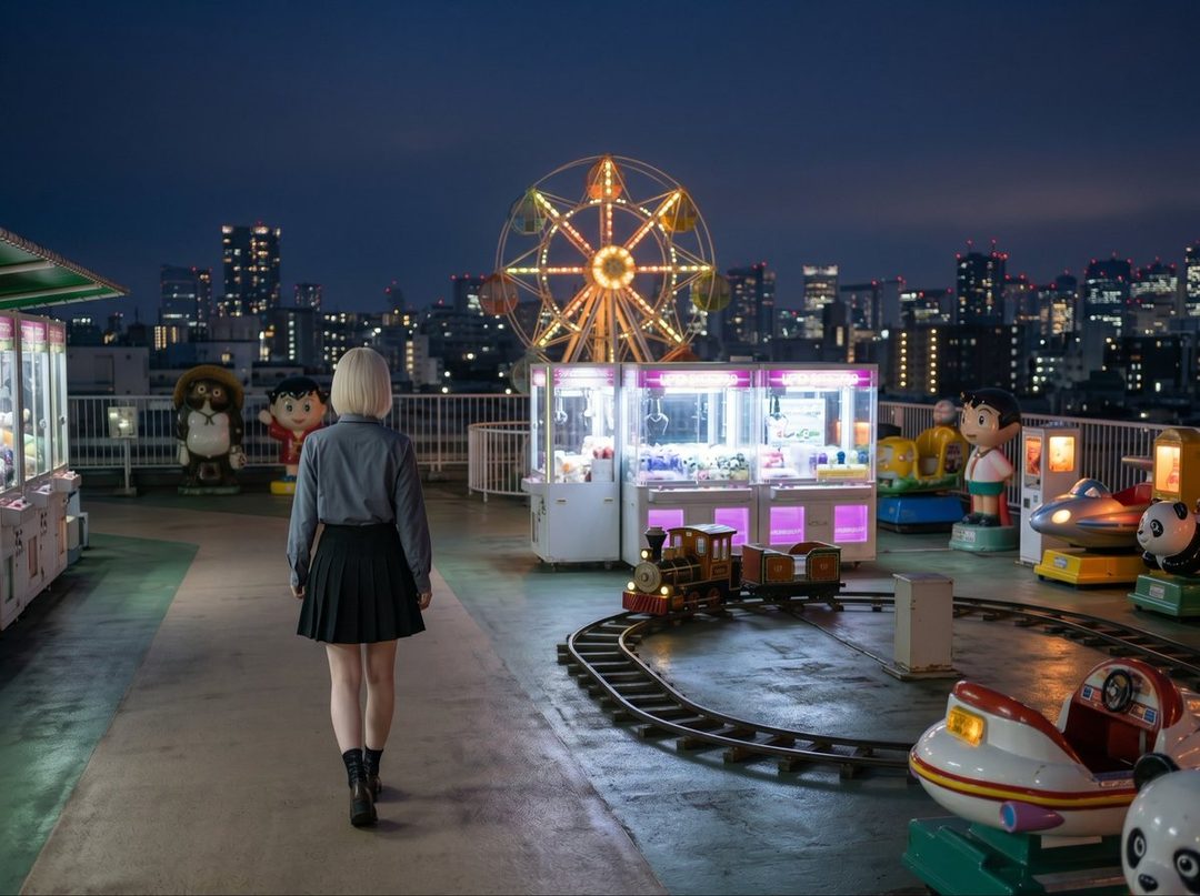 A blonde woman in a grey shirt and black pleated skirt walks away from the camera on a rooftop amusement park at night, with a Ferris wheel and city lights in the background.