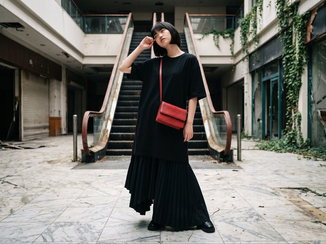 A young woman with short black hair and a black dress with a red purse stands in an abandoned indoor space with escalators.
