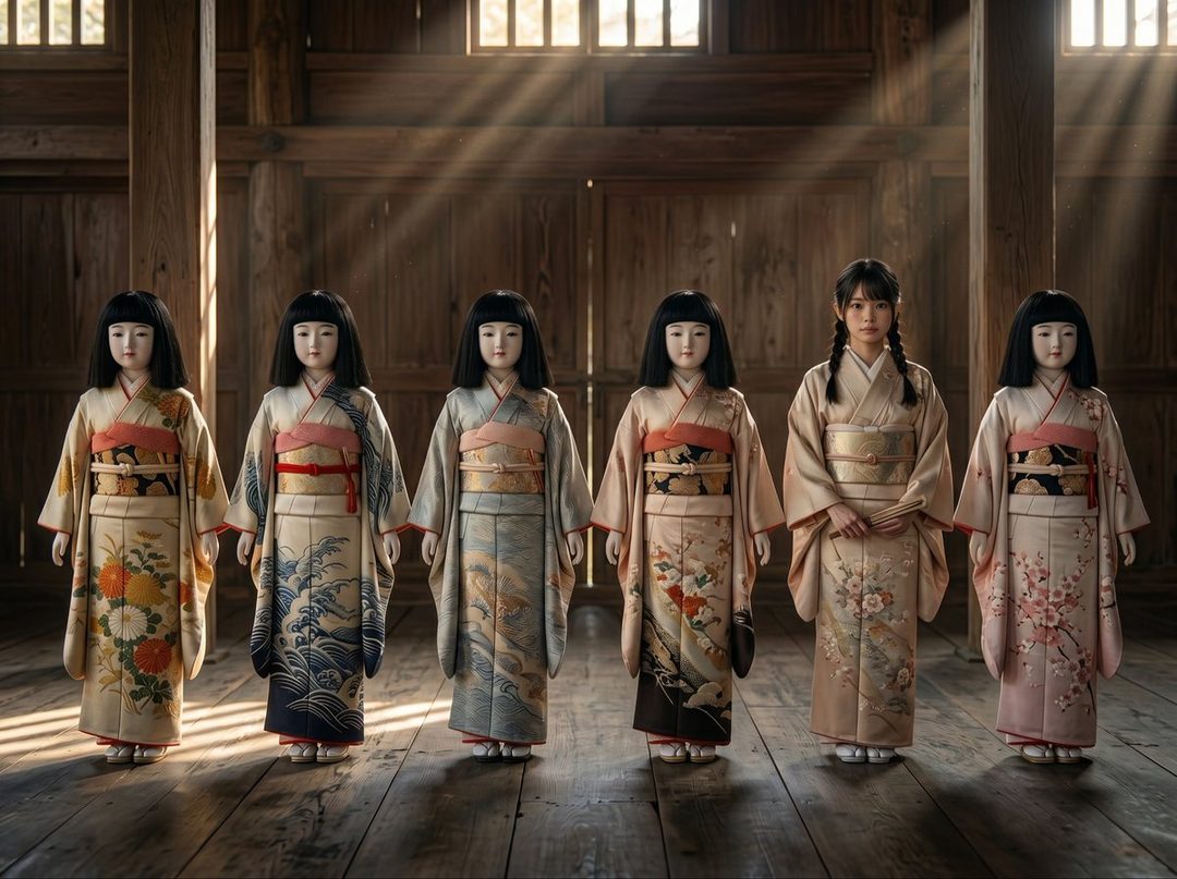 A young woman in a kimono stands among five traditional Japanese dolls in a wooden room with sunlight streaming through a window.