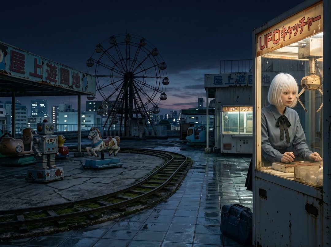 A woman with short white hair plays a claw machine on a rooftop amusement park at night, with a Ferris wheel and city lights in the background.