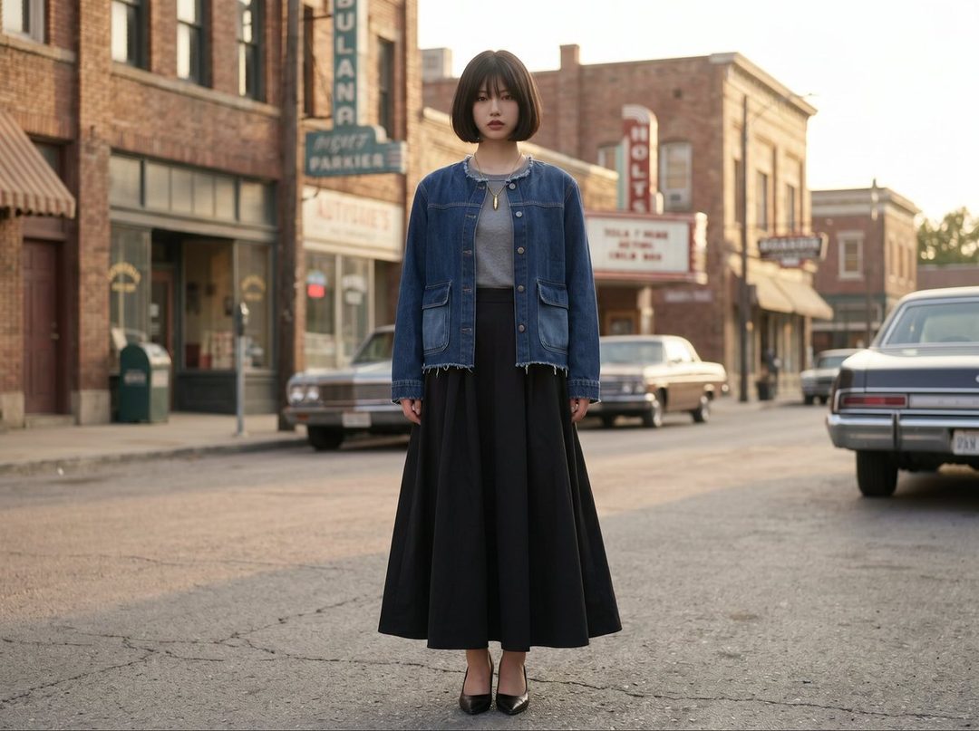 A young woman with short black hair and bangs stands in the middle of a street, wearing a denim jacket, gray top, and long black skirt, with vintage cars and brick buildings in the background.