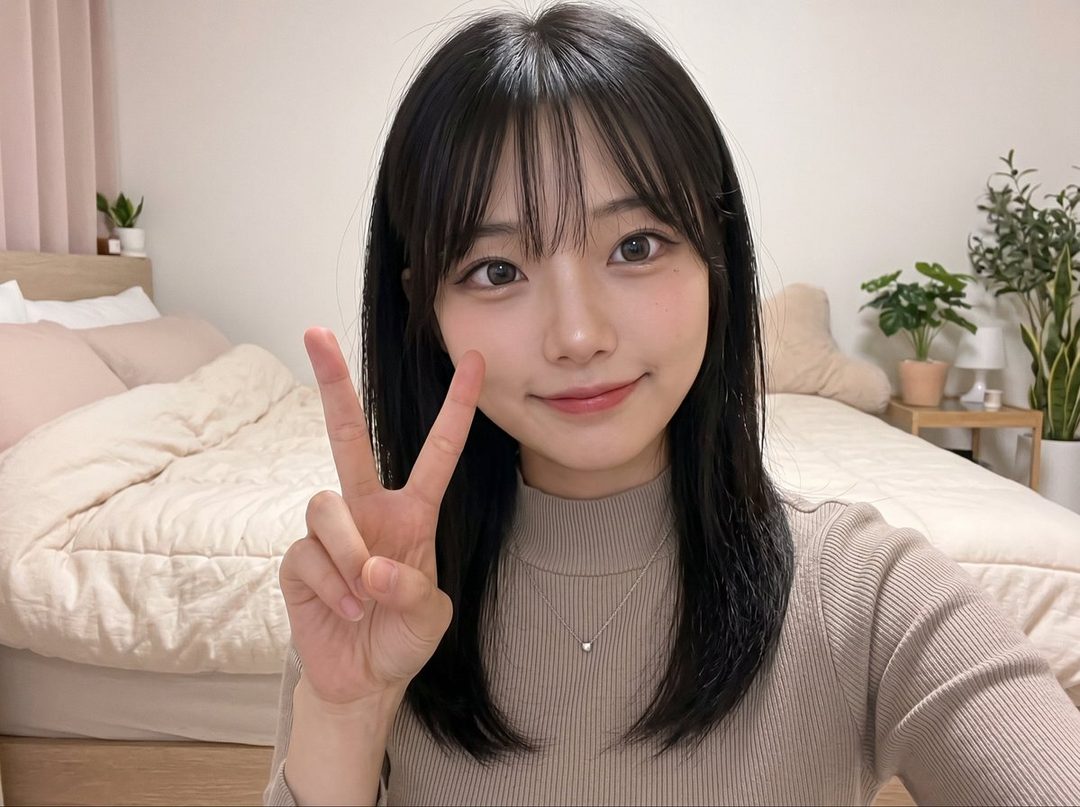 A young woman with black hair and bangs takes a selfie in her bedroom, making a peace sign.