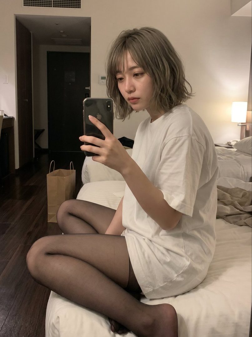 A young woman with short silver hair and bangs takes a selfie in a bedroom, wearing a white t-shirt and black tights.