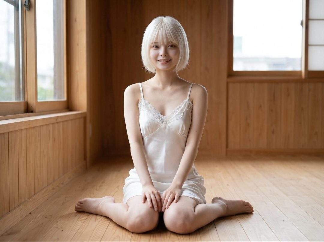 A young woman with short white hair and bangs, wearing a white camisole, kneels on a wooden floor in a brightly lit room.