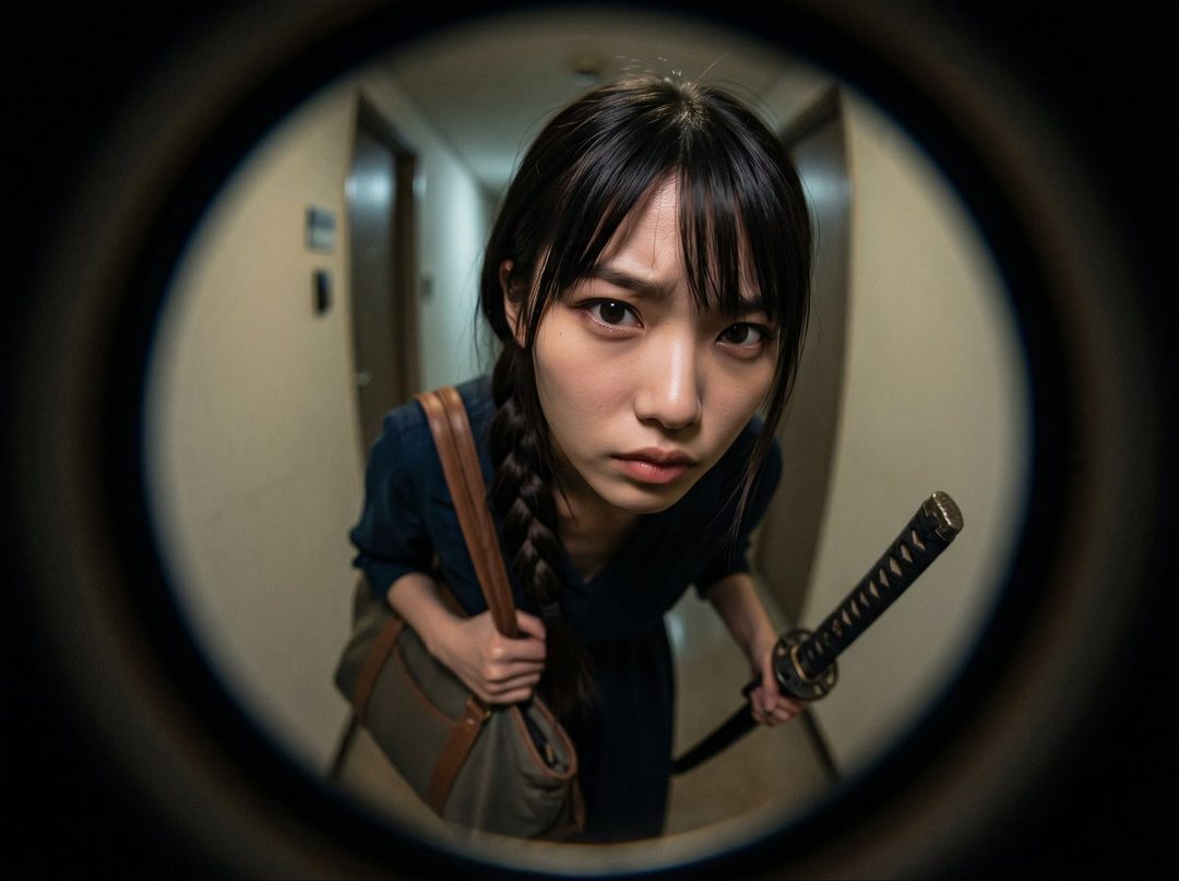 A young woman with black braided hair and bangs, holding a katana, looks through a peephole with a serious expression.