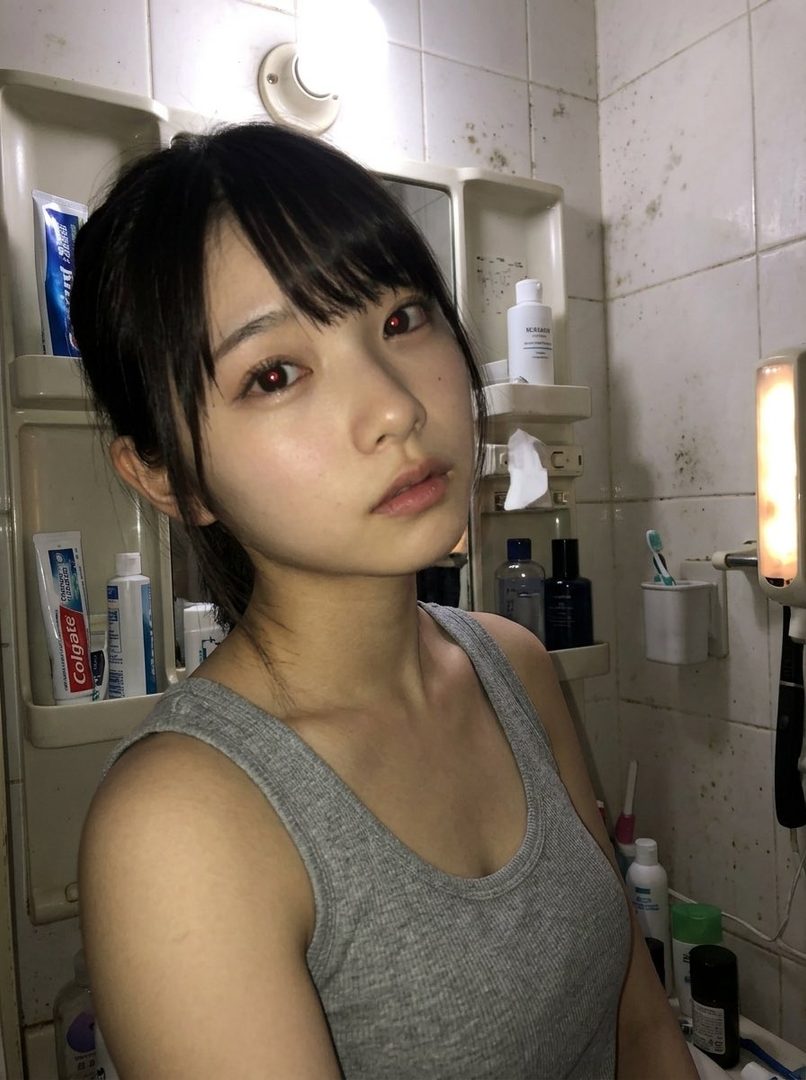 A young woman with black hair and bangs wears a grey tank top, looking directly at the camera in a bathroom setting.
