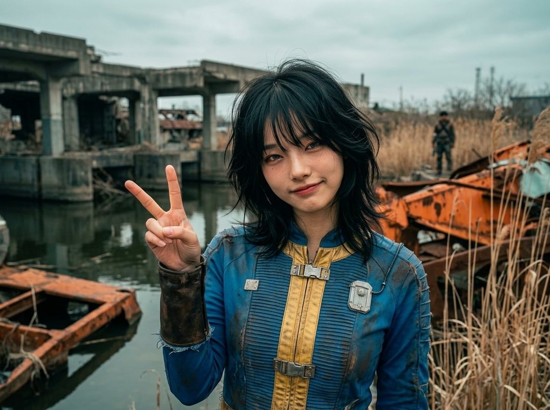 A young woman in a blue and yellow Vault Dweller jumpsuit makes a peace sign in a post-apocalyptic setting.