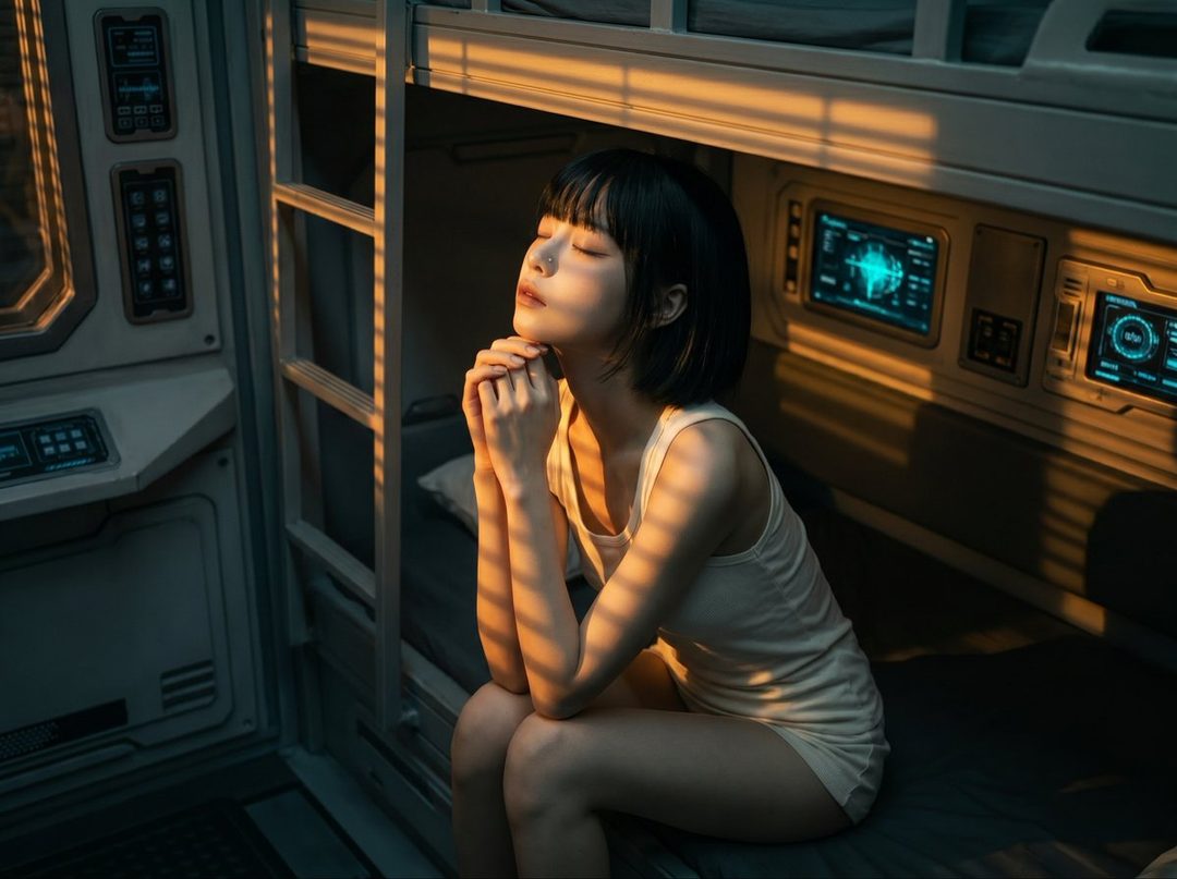 A young woman with short black hair and bangs sits in a futuristic bunk bed, bathed in golden hour light, with her eyes closed and hands clasped.