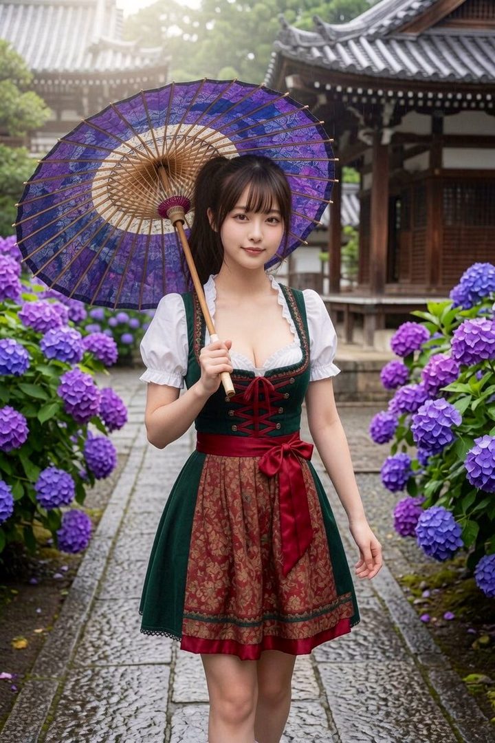 A young woman in a dirndl-style dress holds a purple parasol while walking on a stone path surrounded by hydrangeas and traditional Japanese architecture.