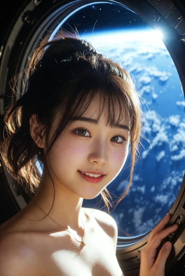 A photorealistic portrait of a young woman with brown hair in a ponytail and bangs, smiling while looking out a spaceship window at Earth.