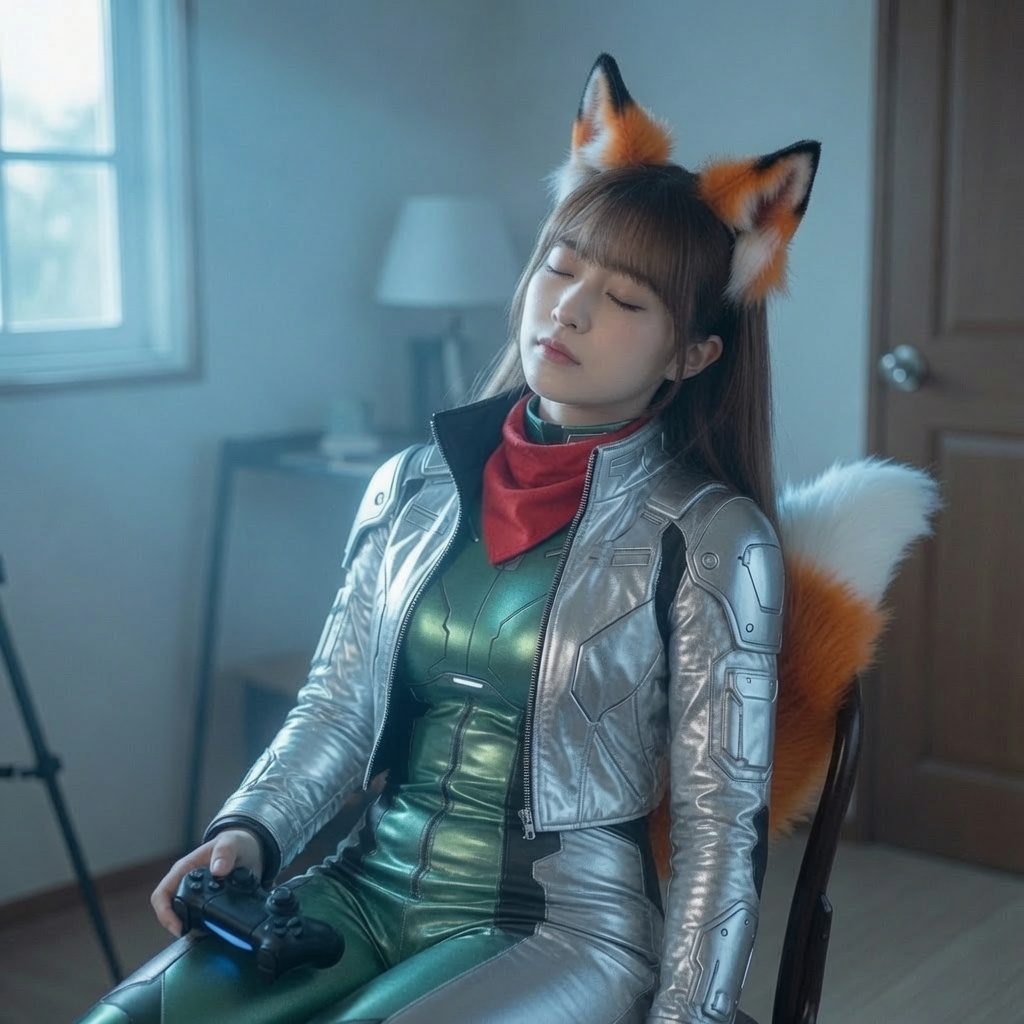 A woman in a Star Fox cosplay costume with fox ears and tail, holding a game controller, appears to be dozing off while sitting indoors.