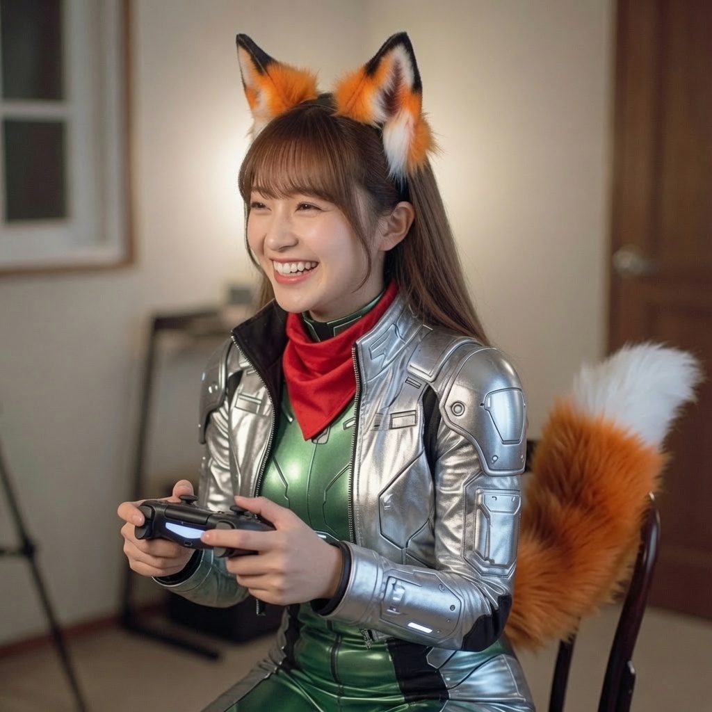 A smiling woman in a Star Fox cosplay costume with fox ears and tail, holding a game controller.