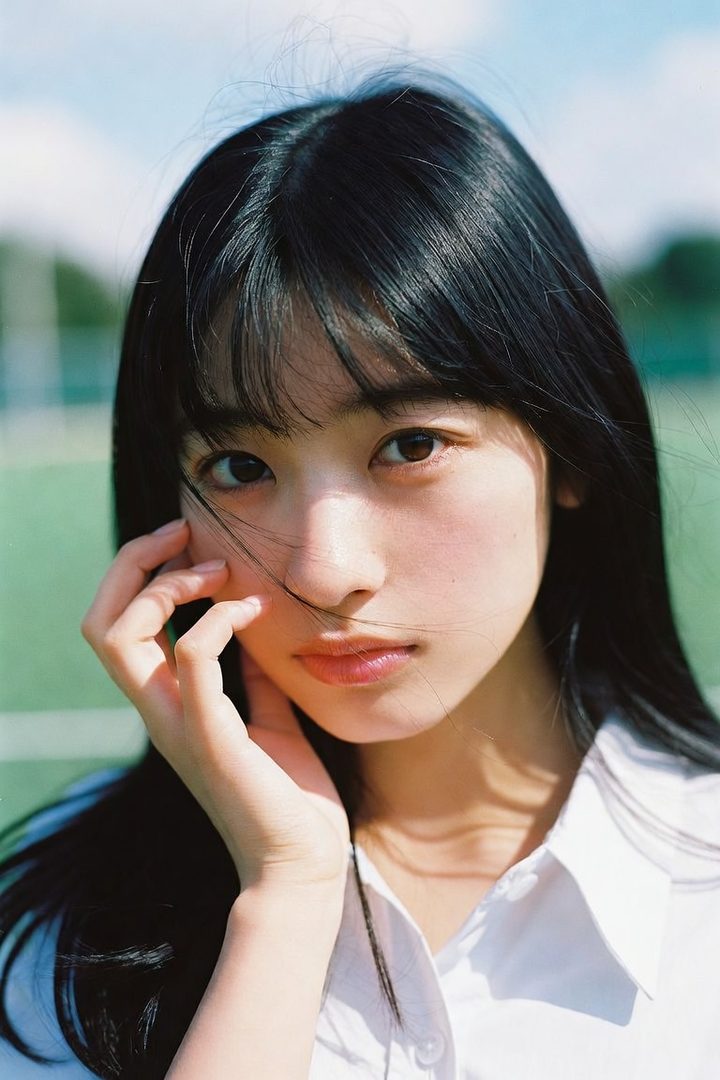 A close-up outdoor portrait of a young East Asian woman with long black hair and bangs, wearing a white blouse, with a hand near her face.
