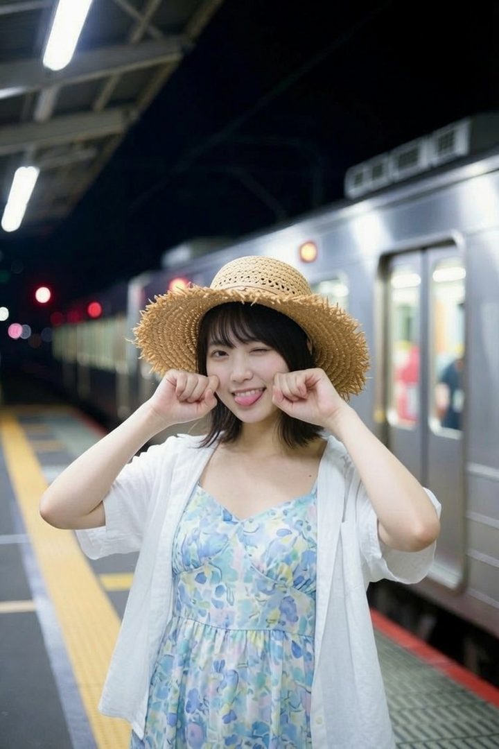 A young woman in a straw hat and floral dress winks and sticks out her tongue while standing on a train platform at night.