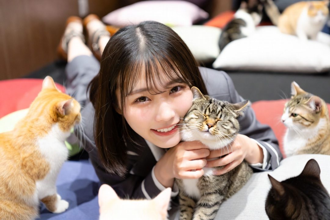 A young woman in a grey suit jacket smiles while holding a tabby cat in a cat cafe, surrounded by other cats.