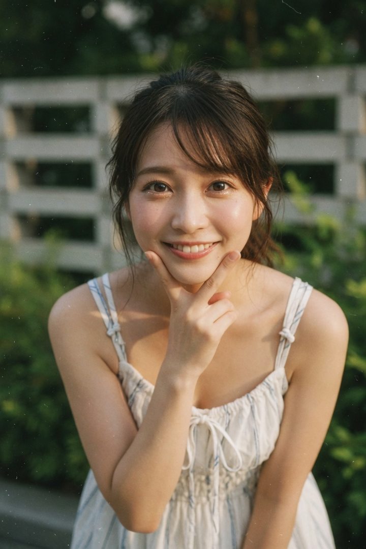 A young woman with brown hair and bangs smiles at the camera while posing outdoors in a light-colored dress.