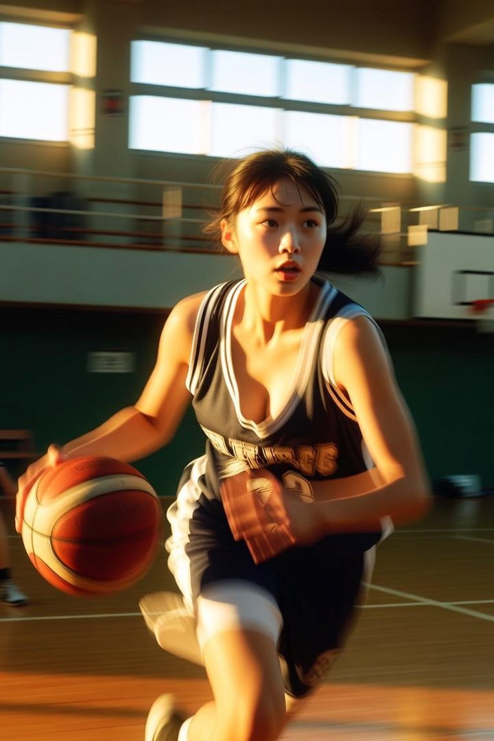 A young woman in a basketball jersey dribbles a basketball on an indoor court, with warm sunlight streaming through windows.