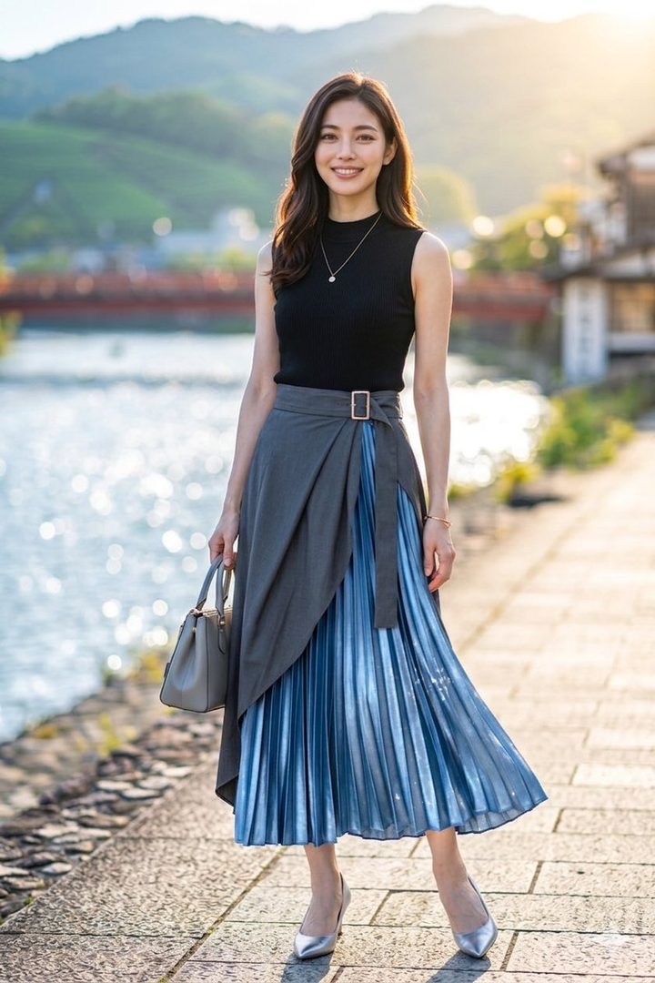 A smiling woman with long brown hair wears a black top and a blue pleated skirt with a gray overlay, standing by a river at golden hour.