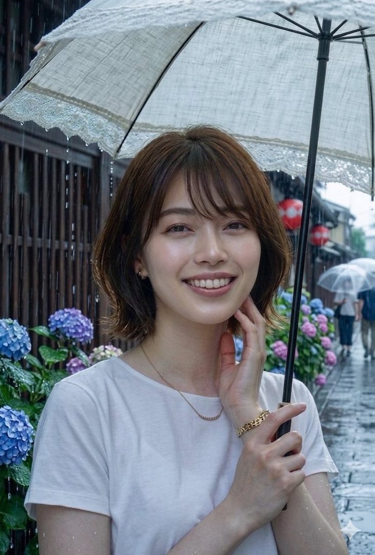 A smiling young woman with short brown hair holds an umbrella on a rainy street lined with hydrangeas.