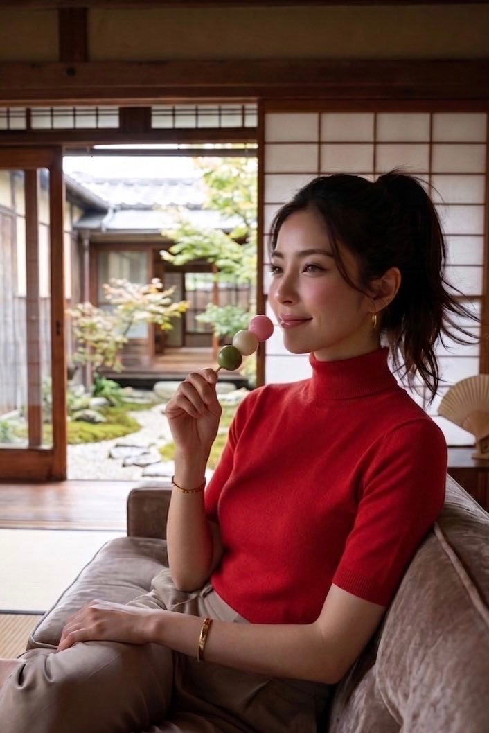A beautiful woman in a red turtleneck sweater is sitting indoors, holding a skewer of dango, with a traditional Japanese garden visible in the background.