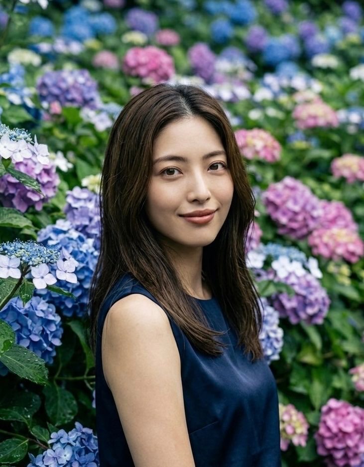 A beautiful woman with long brown hair smiles gently while standing in front of a vibrant bush of blue, purple, and pink hydrangeas.